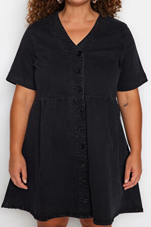 Yeni Rahat Casual Günlük Comfort Denim V Yaka Kısa Kol A-Line Mini Boy Büyük Beden Elbise