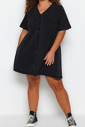 Yeni Rahat Casual Günlük Comfort Denim V Yaka Kısa Kol A-Line Mini Boy Büyük Beden Elbise