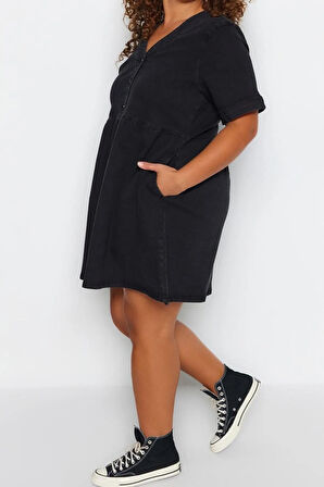 Yeni Rahat Casual Günlük Comfort Denim V Yaka Kısa Kol A-Line Mini Boy Büyük Beden Elbise