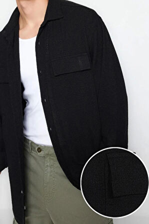 Moda Gömlek Yaka Düz Uzun Kol Oversize Fit Keten Dokulu Çift Cepli Ceket Gömlek