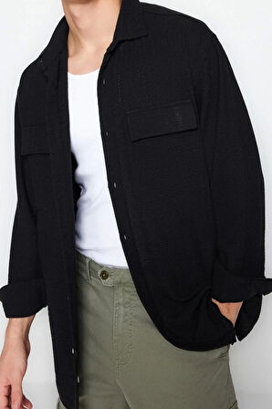 Moda Gömlek Yaka Düz Uzun Kol Oversize Fit Keten Dokulu Çift Cepli Ceket Gömlek