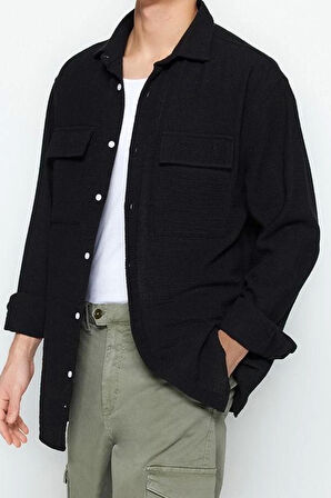 Moda Gömlek Yaka Düz Uzun Kol Oversize Fit Keten Dokulu Çift Cepli Ceket Gömlek