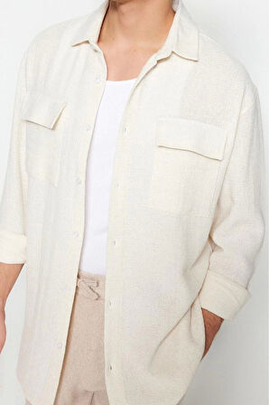 Erkek Moda Uzun Kol Dokuma Ekru Oversize Fit Keten Dokulu Gömlek