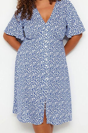 Kadın Moda Şık Büyük Beden Midi Boy V Yaka Relaxed Çiçekli Dokuma Elbise