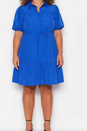 Yeni Oversize Terrycotton Dokuma Gömlek Yaka Kısa Kol Gömlek Elbise Mini Boy Büyük Beden Elbise