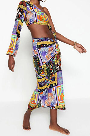 Kadın Moda Şık Boru Paça Uzun Boy Uzun Kollu Etnik Desenli Dokuma Bağlamalı Tek Omuz Bluz Etek Takım