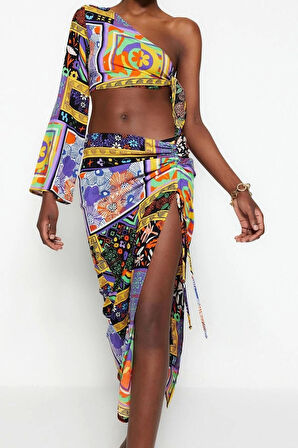 Kadın Moda Şık Boru Paça Uzun Boy Uzun Kollu Etnik Desenli Dokuma Bağlamalı Tek Omuz Bluz Etek Takım