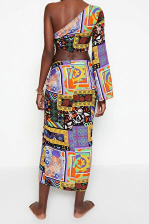 Kadın Moda Şık Boru Paça Uzun Boy Uzun Kollu Etnik Desenli Dokuma Bağlamalı Tek Omuz Bluz Etek Takım