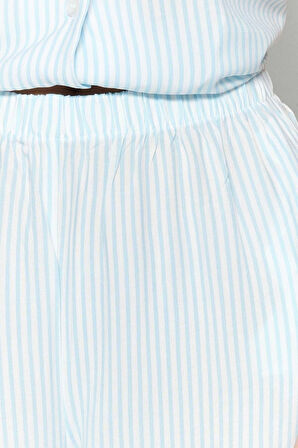 Kadın Moda Şık Gömlek Yaka Boru Paça Kısa Kol Çizgili Viskon Gömlek-Pantolon Dokuma Pijama Takımı