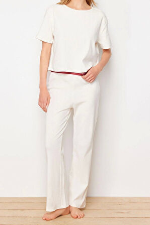 Kadın Bisiklet Yaka Uzun Kol Baskılı Lastik Detaylı Fitilli Pamuklu T-shirt-Pantolon Örme Pijama