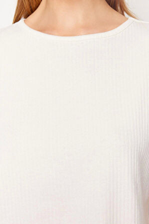 Kadın Bisiklet Yaka Uzun Kol Baskılı Lastik Detaylı Fitilli Pamuklu T-shirt-Pantolon Örme Pijama