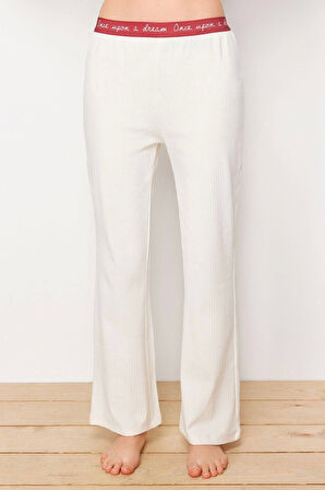 Kadın Bisiklet Yaka Uzun Kol Baskılı Lastik Detaylı Fitilli Pamuklu T-shirt-Pantolon Örme Pijama