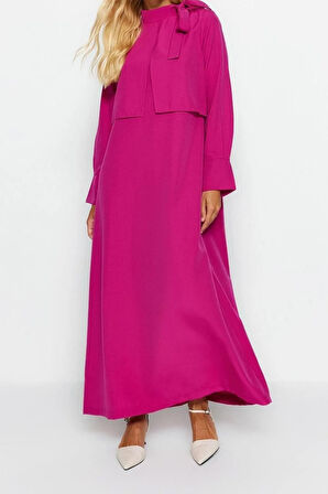 Yeni Regular Günlük Terryviskon Dokuma Boyundan Bağlamalı Uzun Kol A-Line Maxi Boy Tesettür Elbise