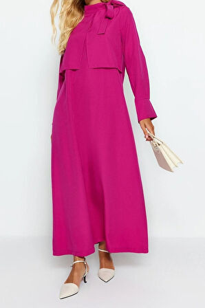 Yeni Regular Günlük Terryviskon Dokuma Boyundan Bağlamalı Uzun Kol A-Line Maxi Boy Tesettür Elbise