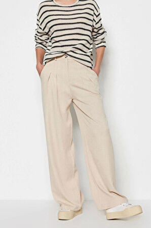 Kadın Yeni Moda Geniş Paça Uzun Boy Dokuma Keten Görünümlü Wide Leg Geniş Paça Pantolon
