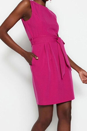 Kadın Moda Şık Mini Boy Bisiklet Yaka Regular Kuşaklı Vücudu Saran Dokuma Elbise