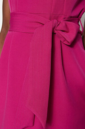 Kadın Moda Şık Mini Boy Bisiklet Yaka Regular Kuşaklı Vücudu Saran Dokuma Elbise