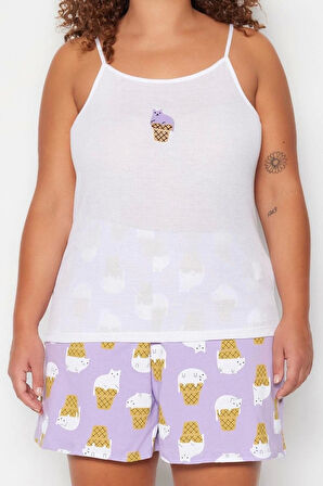 Büyük Beden Kadın Polyester Kare Yaka Askılı Kol Baskılı Askılı Örme Pijama Takımı