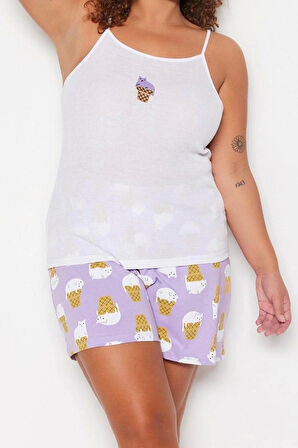 Büyük Beden Kadın Polyester Kare Yaka Askılı Kol Baskılı Askılı Örme Pijama Takımı