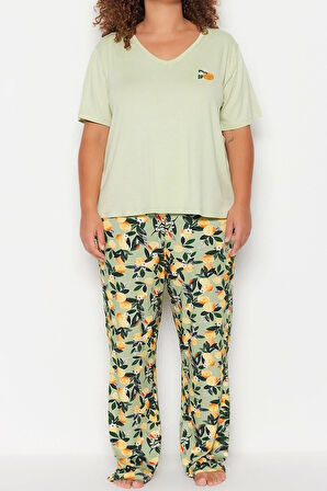 Büyük Beden Kadın Viskon Bisiklet Yaka Kısa Kol Baskılı Örme Pijama Takımı