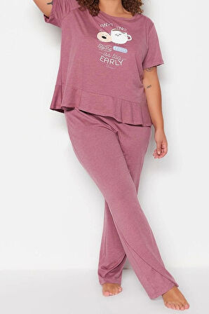 Büyük Beden Kadın Pamuk Polyester Bisiklet Yaka Kısa Kol Baskılı Kısa Kollu Örme Pijama Takımı