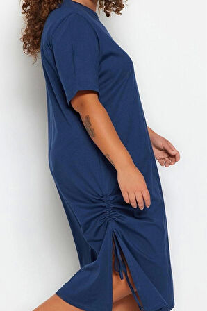 Kadın Moda Şık Büyük Beden Midi Boy Bisiklet Yaka Relaxed Yandan Büzgülü ve Yırtmaçlı Örme Elbise