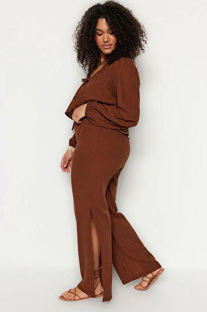 Kadın Moda Büyük Beden Geniş Paça Uzun Boy Dokuma Yırtmaçlı Yüksek Bel Bürümcük Plaj Giyim Pantolon