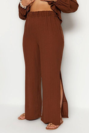 Kadın Moda Büyük Beden Geniş Paça Uzun Boy Dokuma Yırtmaçlı Yüksek Bel Bürümcük Plaj Giyim Pantolon