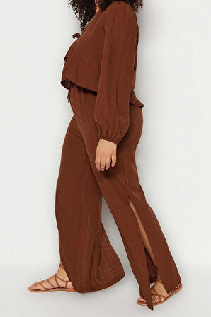 Kadın Moda Büyük Beden Geniş Paça Uzun Boy Dokuma Yırtmaçlı Yüksek Bel Bürümcük Plaj Giyim Pantolon