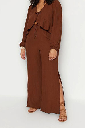 Kadın Moda Büyük Beden Geniş Paça Uzun Boy Dokuma Yırtmaçlı Yüksek Bel Bürümcük Plaj Giyim Pantolon