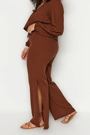 Kadın Moda Büyük Beden Geniş Paça Uzun Boy Dokuma Yırtmaçlı Yüksek Bel Bürümcük Plaj Giyim Pantolon