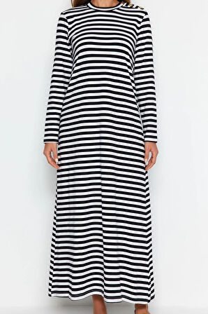 Yeni Regular Casual Günlük Ringel Örme Dik Yaka Uzun Kol Basic Maxi Boy Tesettür Elbise