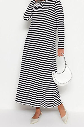 Yeni Regular Casual Günlük Ringel Örme Dik Yaka Uzun Kol Basic Maxi Boy Tesettür Elbise