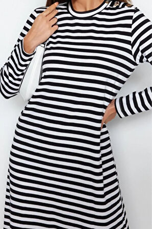 Yeni Regular Casual Günlük Ringel Örme Dik Yaka Uzun Kol Basic Maxi Boy Tesettür Elbise