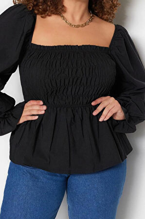 Kadın Moda Şık Büyük Beden Crop Kare Yaka Büzgülü/Fırfırlı Kol Fitted Kalıp Dokuma Gipeli Bluz