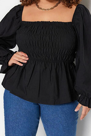 Kadın Moda Şık Büyük Beden Crop Kare Yaka Büzgülü/Fırfırlı Kol Fitted Kalıp Dokuma Gipeli Bluz
