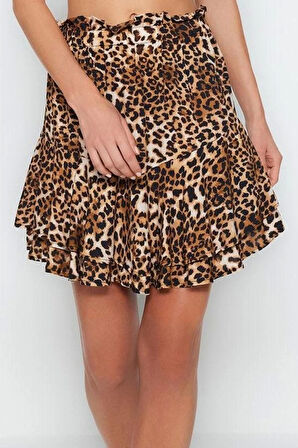 Kadın Moda Stil Mini Astarsız Dokuma Yeşil Mini Dokuma Fırfırlı Etek