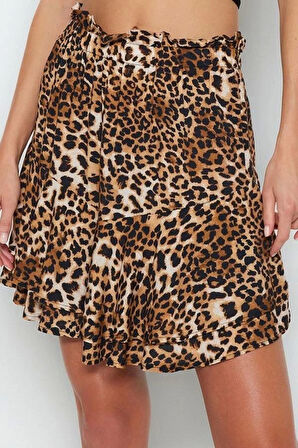 Kadın Moda Stil Mini Astarsız Dokuma Yeşil Mini Dokuma Fırfırlı Etek