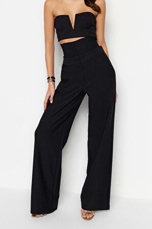 Kadın Yeni Moda Geniş Paça Regular Boy Dokuma Korse Detaylı Pantolon