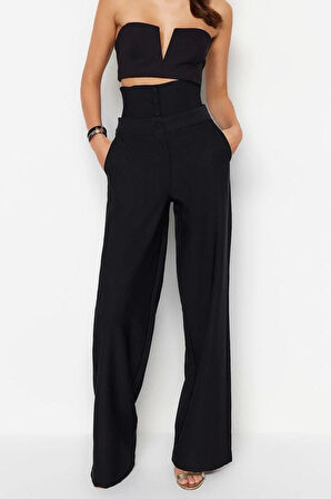 Kadın Yeni Moda Geniş Paça Regular Boy Dokuma Korse Detaylı Pantolon