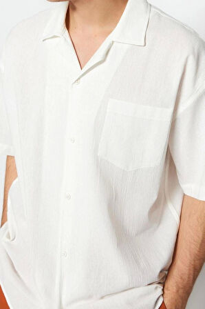 Erkek Moda Kısa Kol Dokuma Beyaz Oversize Fit Yazlık Gömlek