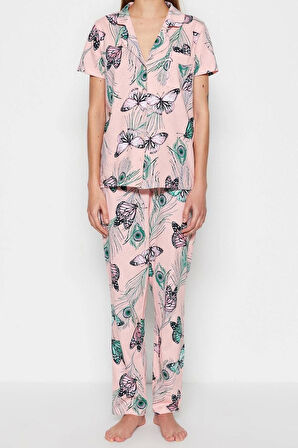 Kadın %100 Pamuk Gömlek Yaka Kısa Kol %100 Pamuk Çiçek Desenli Gömlek-Pantolon Örme Pijama Takımı