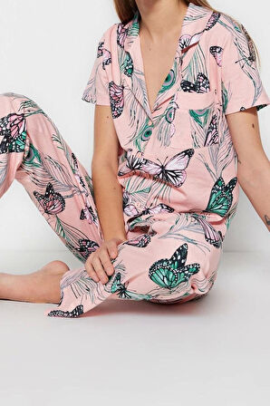 Kadın %100 Pamuk Gömlek Yaka Kısa Kol %100 Pamuk Çiçek Desenli Gömlek-Pantolon Örme Pijama Takımı