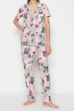 Kadın %100 Pamuk Gömlek Yaka Kısa Kol %100 Pamuk Çiçek Desenli Gömlek-Pantolon Örme Pijama Takımı