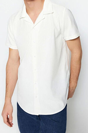 Erkek Moda Kısa Kol Dokuma Yeşil Regular Fit Apaş Yaka Yazlık Gömlek