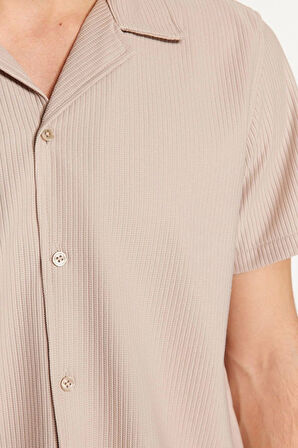 Erkek Moda Kısa Kol Dokuma Yeşil Regular Fit Apaş Yaka Yazlık Gömlek