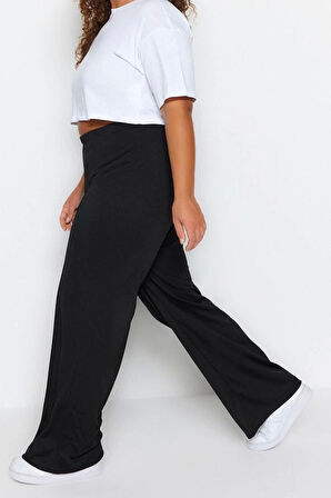 Kadın Yeni Moda Büyük Beden Geniş Paça Regular Boy Örme Krep Yüksek Bel Nervürlü Örme Pantolon
