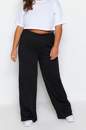 Kadın Yeni Moda Büyük Beden Geniş Paça Regular Boy Örme Krep Yüksek Bel Nervürlü Örme Pantolon