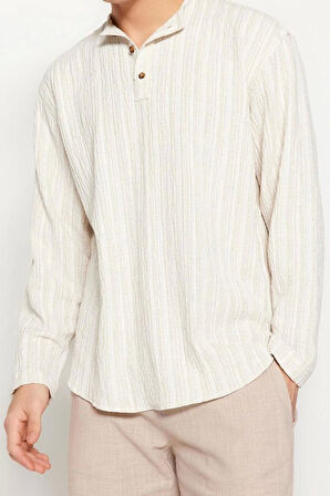 Erkek Moda Uzun Kol Dokuma Mint Relaxed Fit Keten İçerikli Gömlek