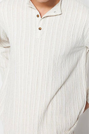 Erkek Moda Uzun Kol Dokuma Mint Relaxed Fit Keten İçerikli Gömlek